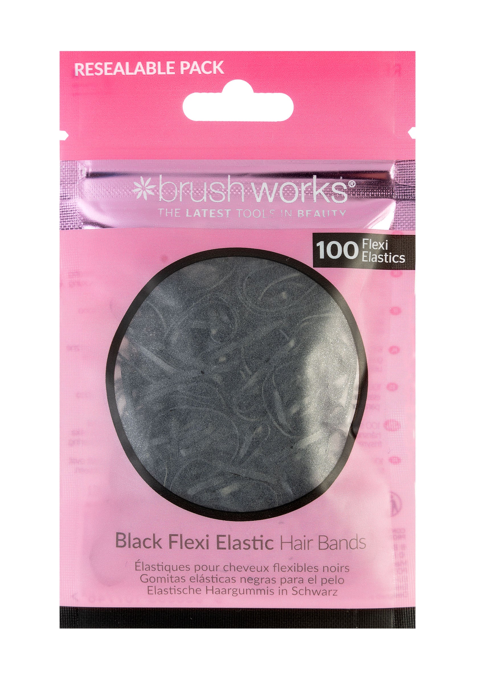 52 56 542 Brushworks Black Flexi Elastic Hair Bands - 100 Pack FOP.jpg